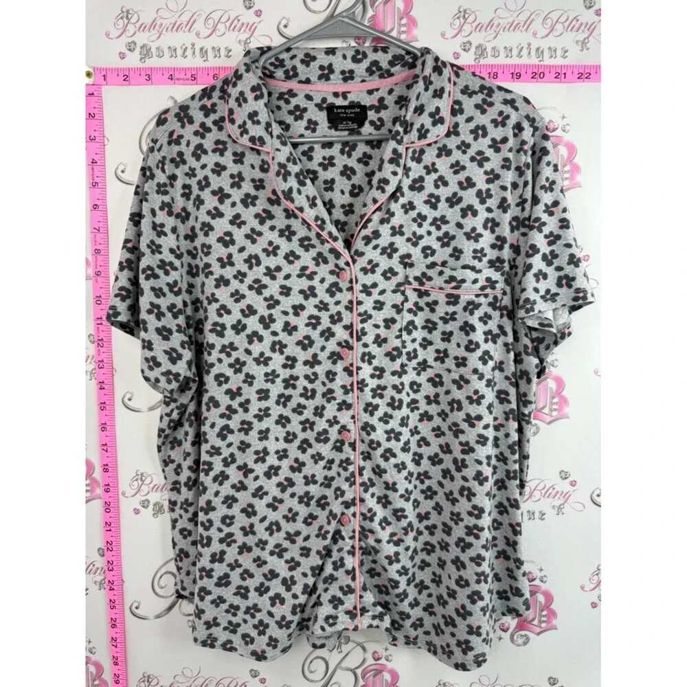 kate spade tee Gray Short Sleeve Button-Up Top with Black and Pink Floral Print